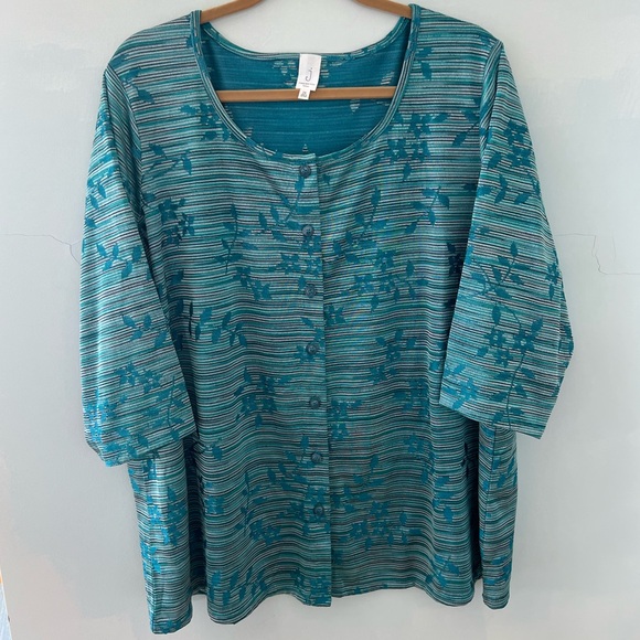 Floral & Stripe Shimmery Cardigan Aqua, Silver, Blk 2X Jones Of New York NWOT - Picture 1 of 7